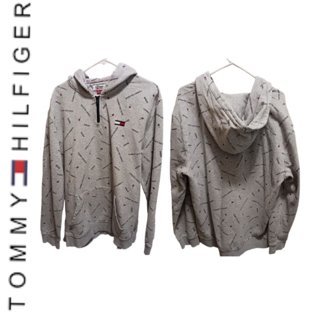 Tommy Hilfiger "Denim" quarter zip Hoodie gray with logos size XXL
